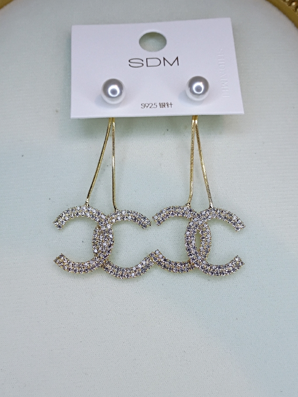 New Gold Tone Crystal Double-C Drop/Dangle Earrings - Gold